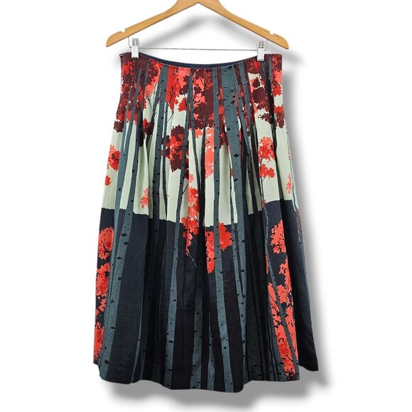 J. Peterman Midi Skirt 12 Wool Lined Pleated Tree Print Gray Red Preppy Fairy - Picture 1 of 12